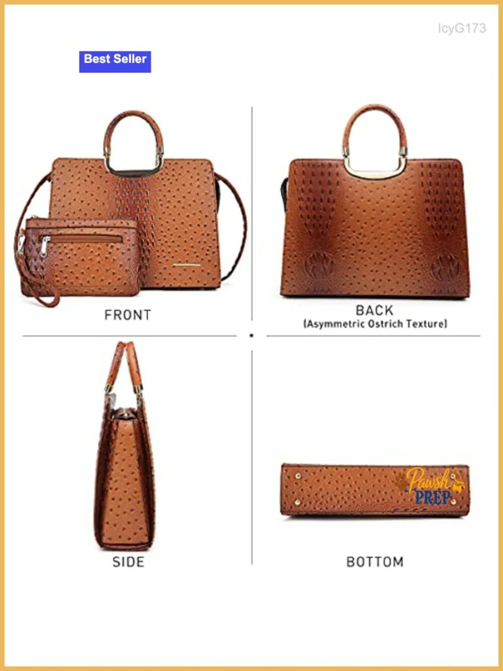 Vegan (PU) Ostrich Textured Leather Satchel Purse with Matching Wristlet and